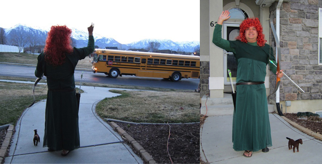 Father Dresses Up and Waves To Son As He Boards School Bus