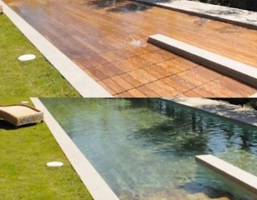 WOODEN DECK TRANSFORMS INTO SWIMMING POOL