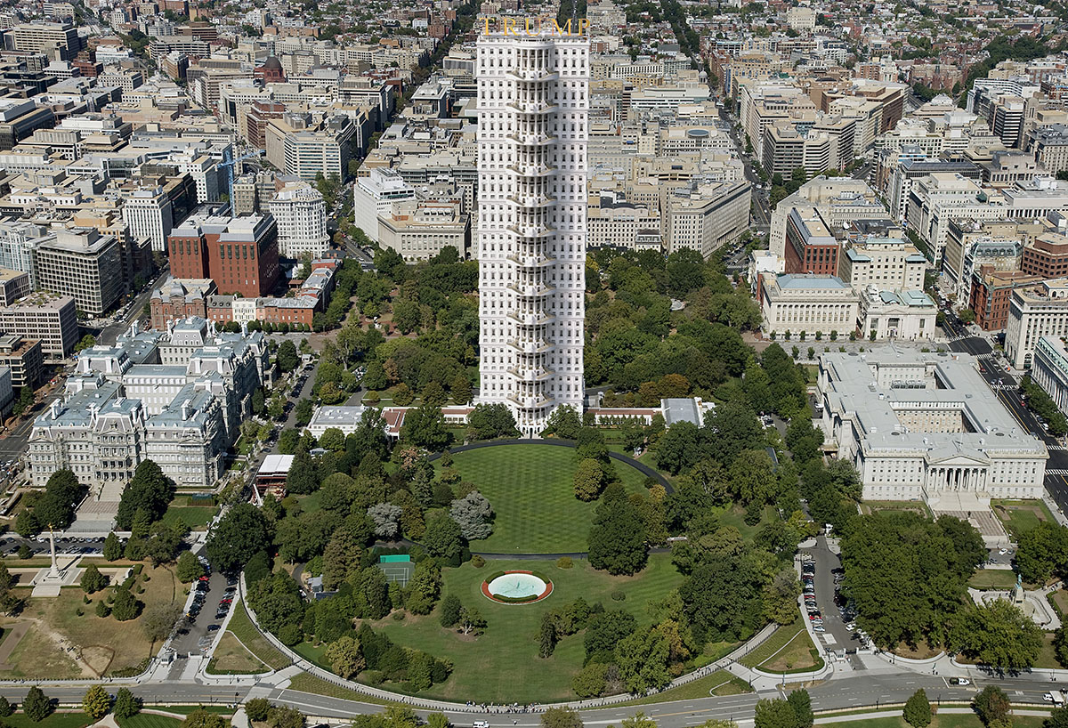 Aerial view of the White House, Old Executive Office and Washing