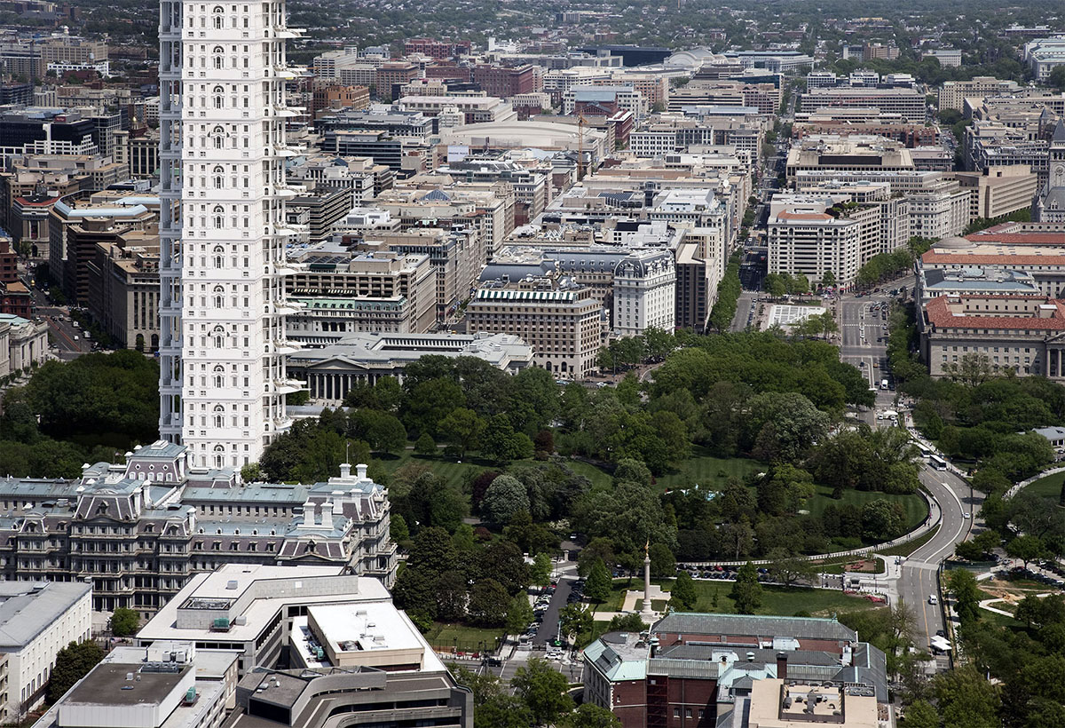 Aerial view of the White House lawn with the city of Washington,