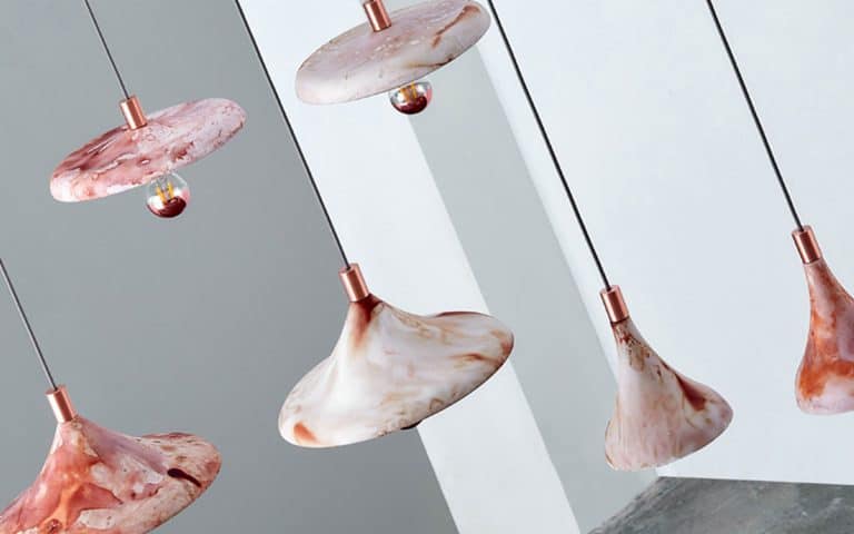Zhekai Zhang uses discarded coffee grounds to color the “Coffire” pendant light