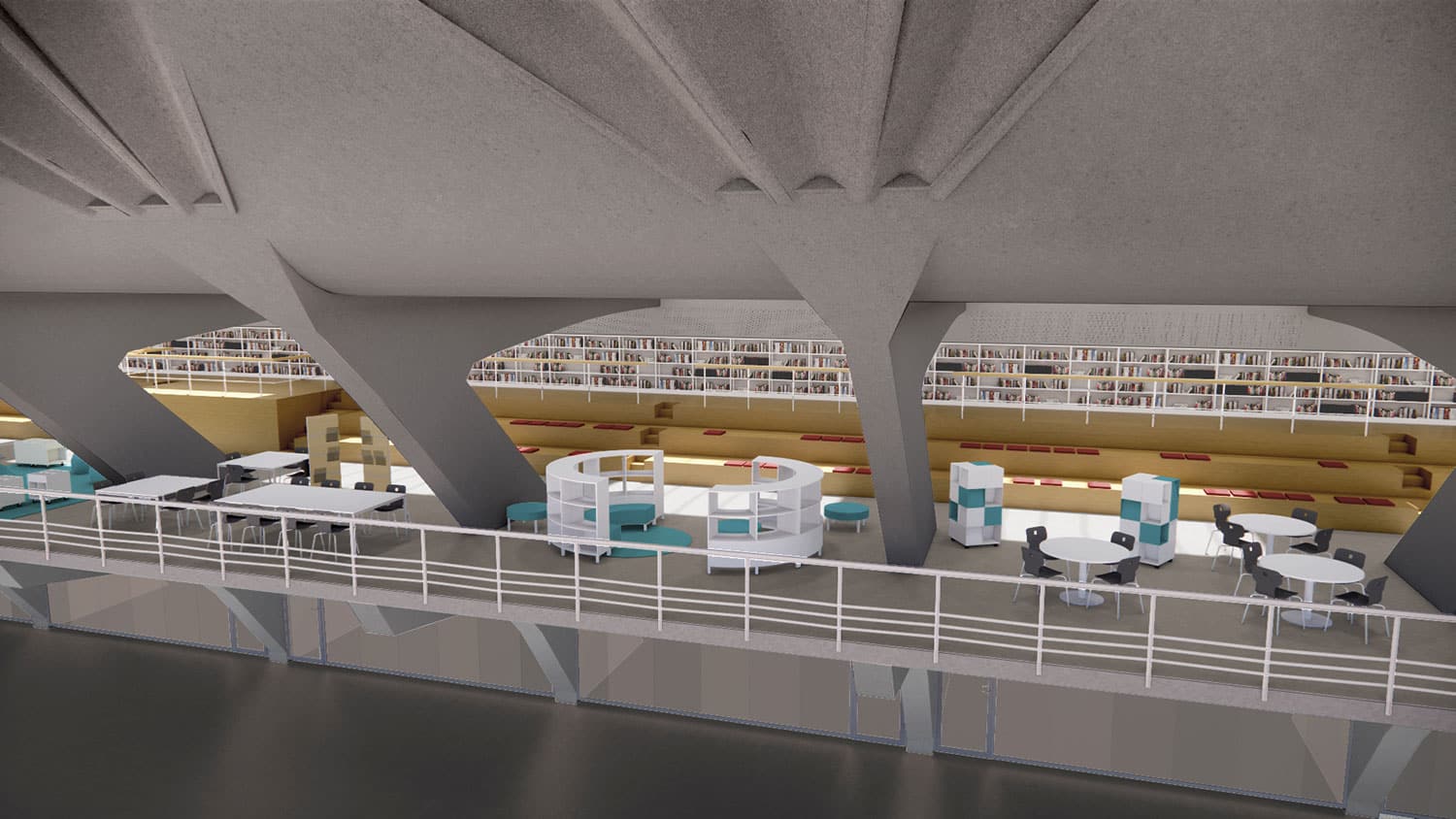 Study areas on the gallery level, under Nervis ribbed structure. Render courtesy Comune di Torino