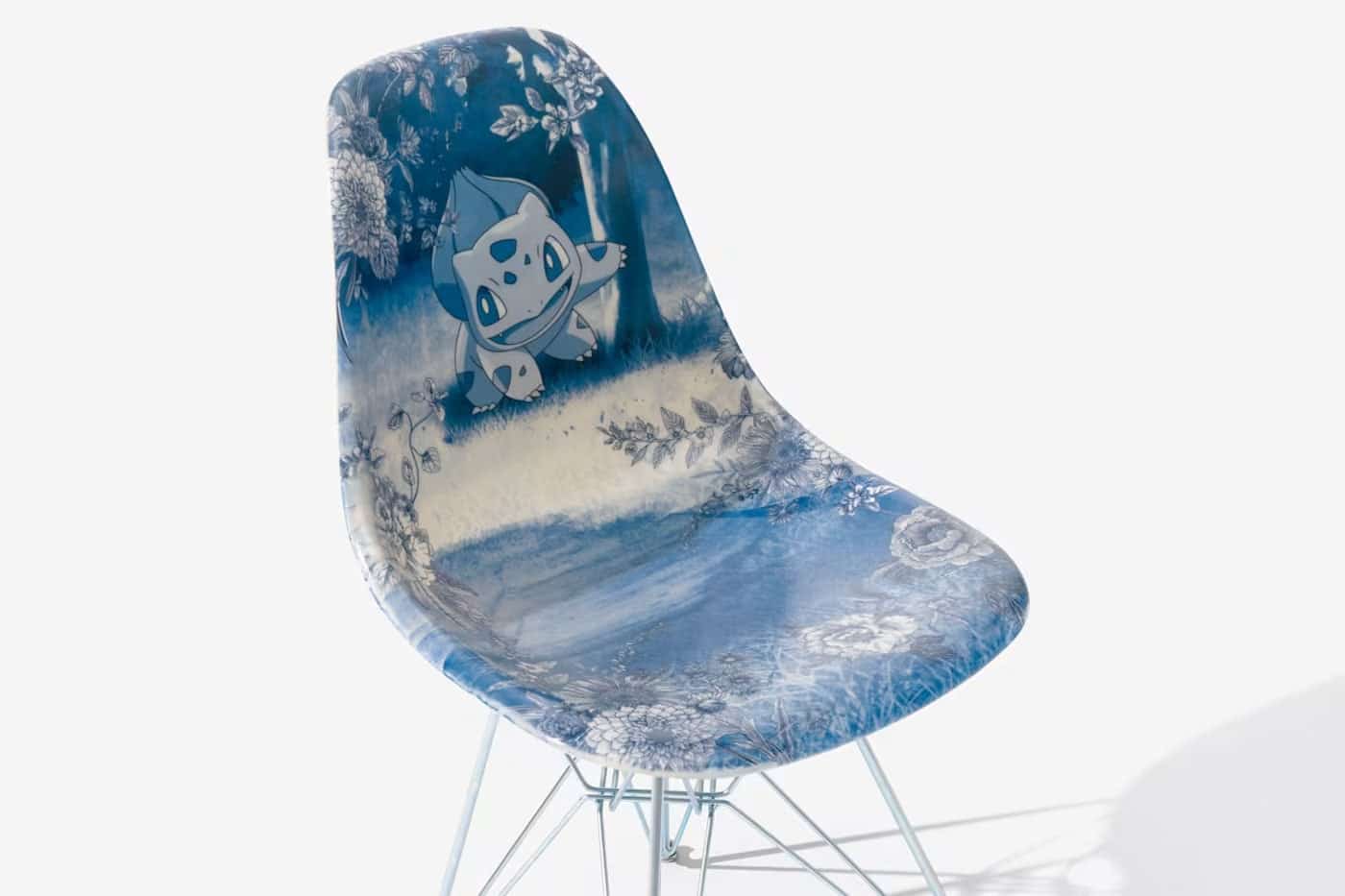 Fiberglass shell chair with Bulbasaur in a blue-and-white landscape