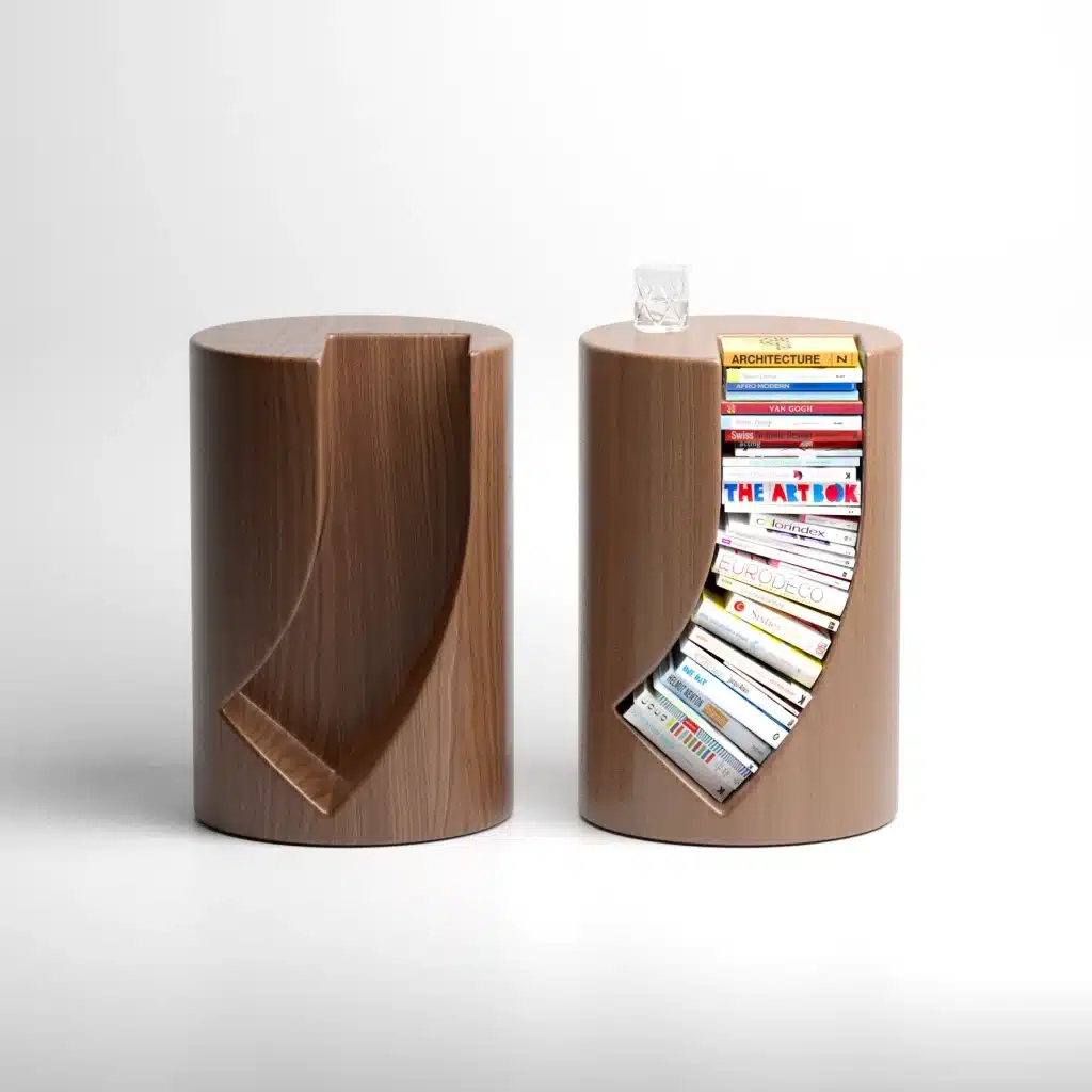 Two wooden Bookgroove side tables, one empty showing the curved groove and one filled with books
