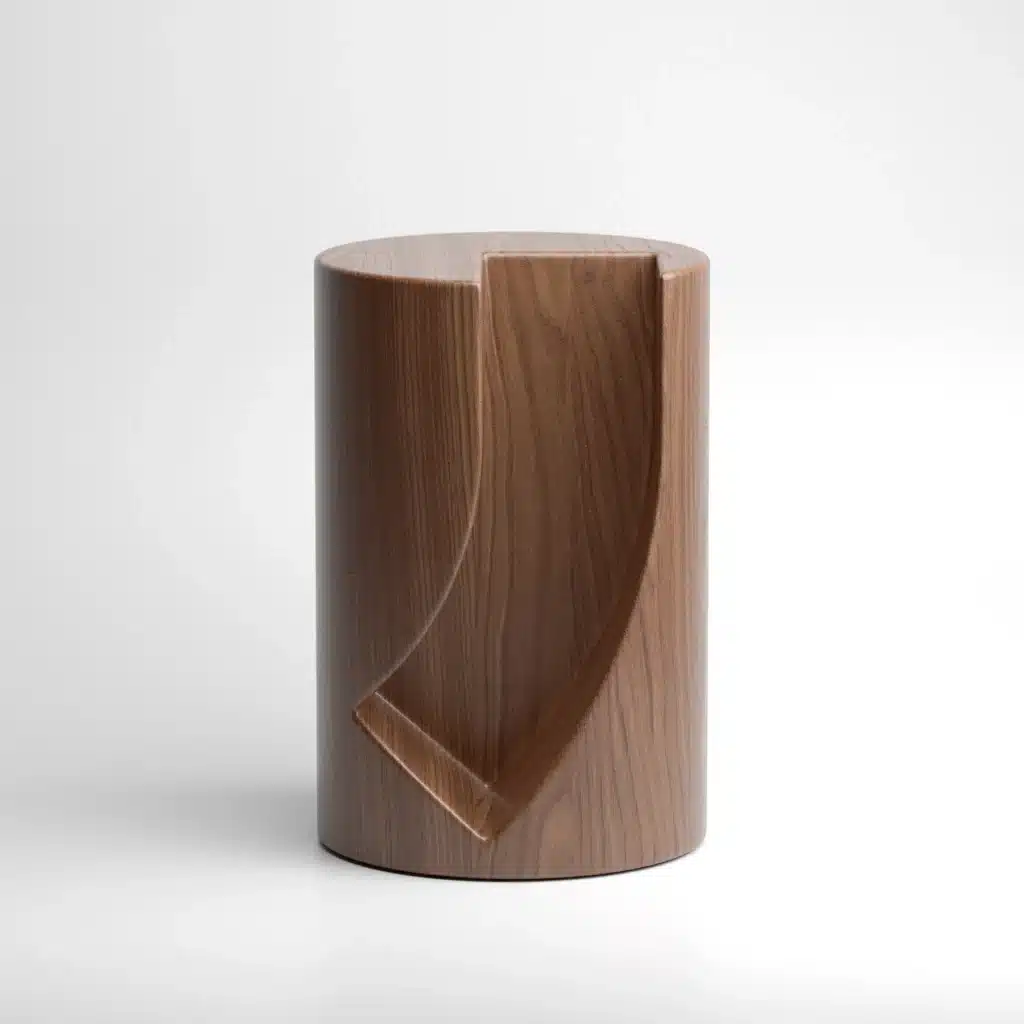 Empty wooden Bookgroove side table showing the deep curved groove cut into the cylinder