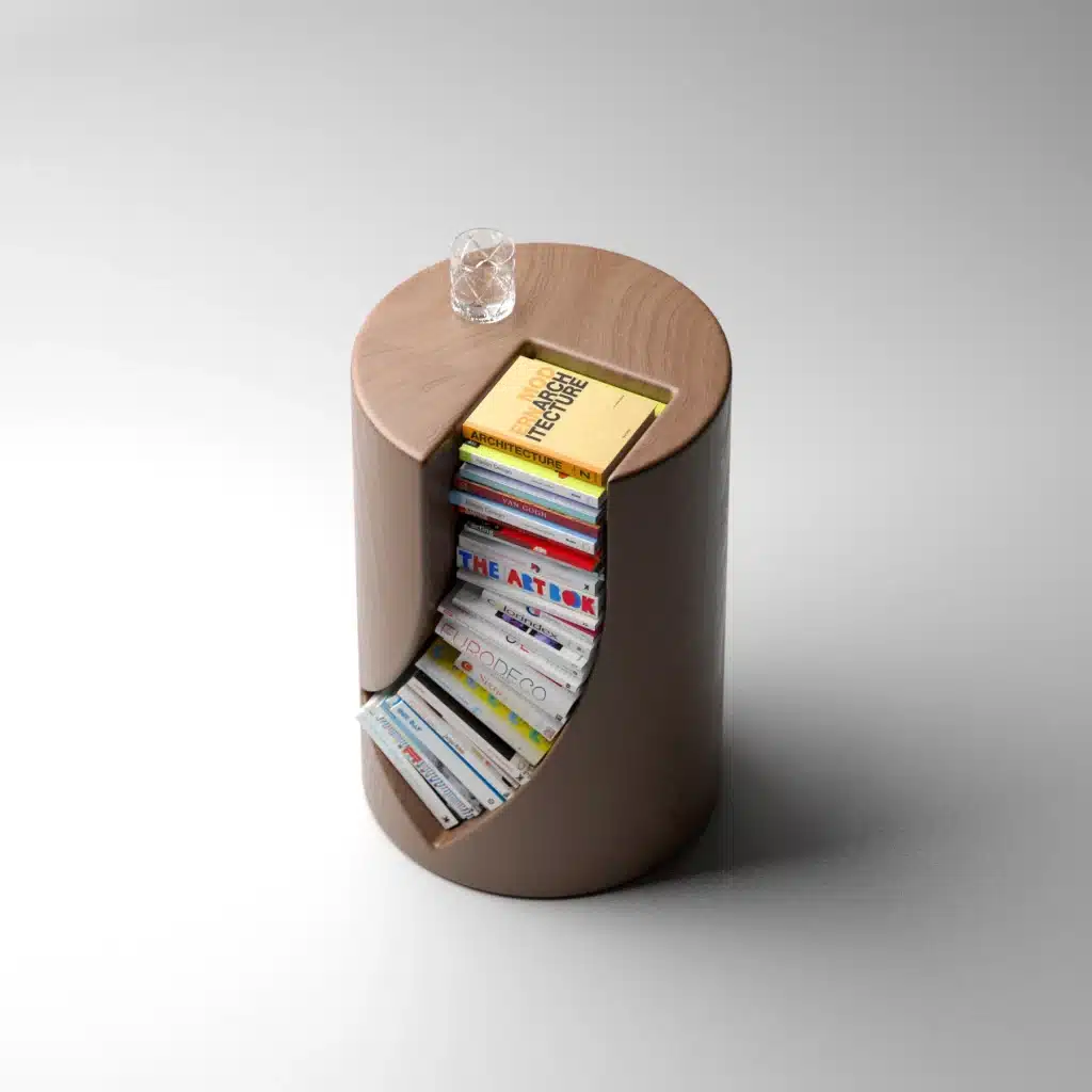 Bookgroove side table seen from above with books in the groove and a glass on the tabletop