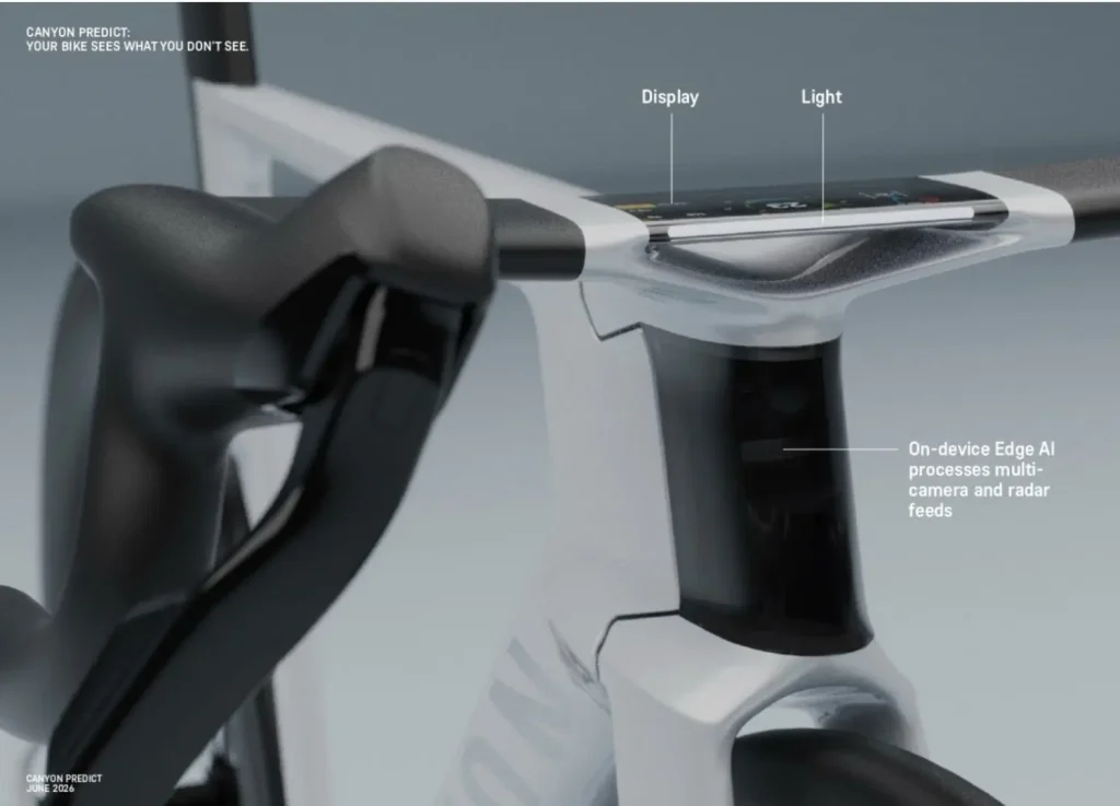 Close up of the Canyon Predict handlebar and stem with integrated electronics