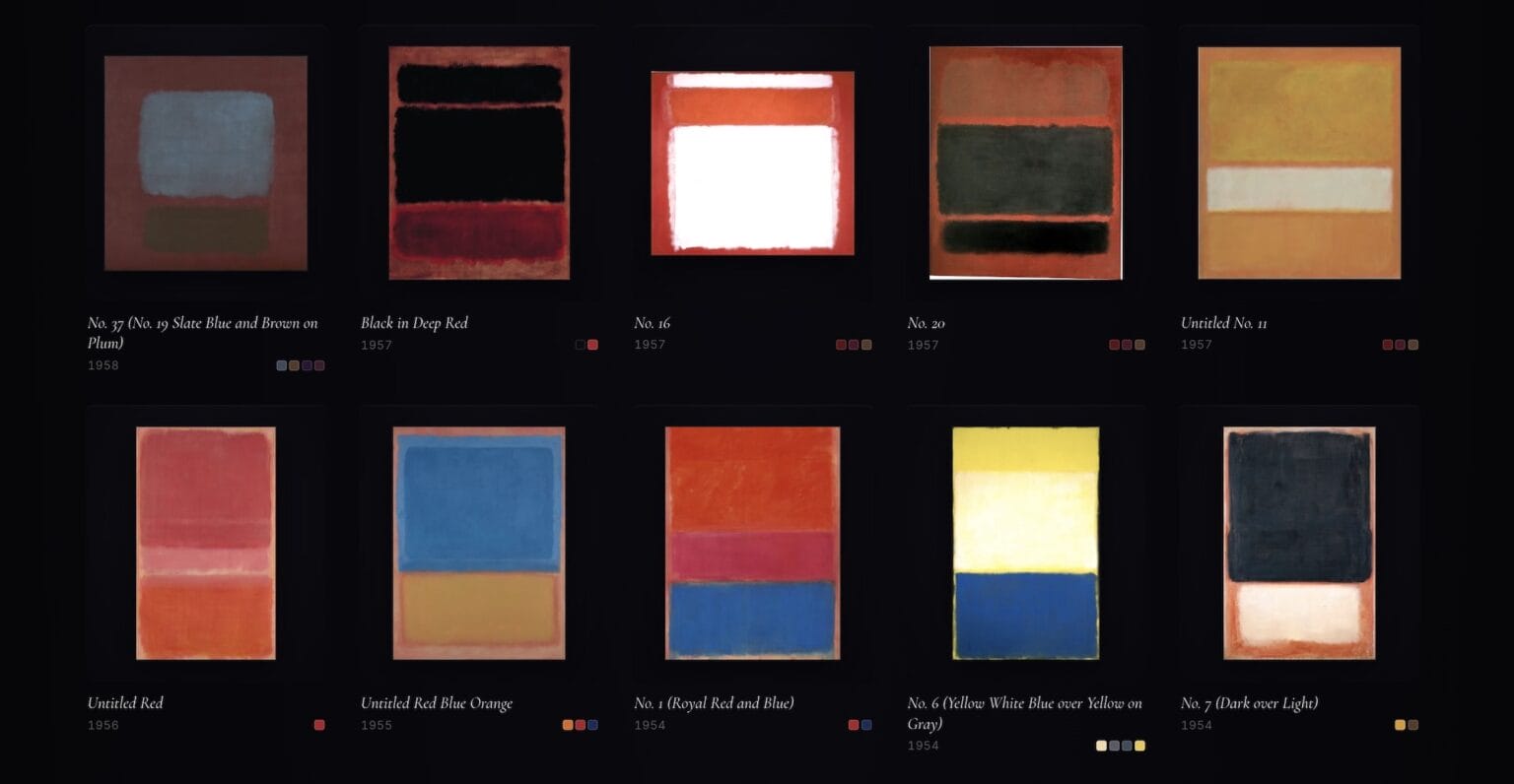 Current Rothko archive grid of Mark Rothko colour field paintings from the 1950s