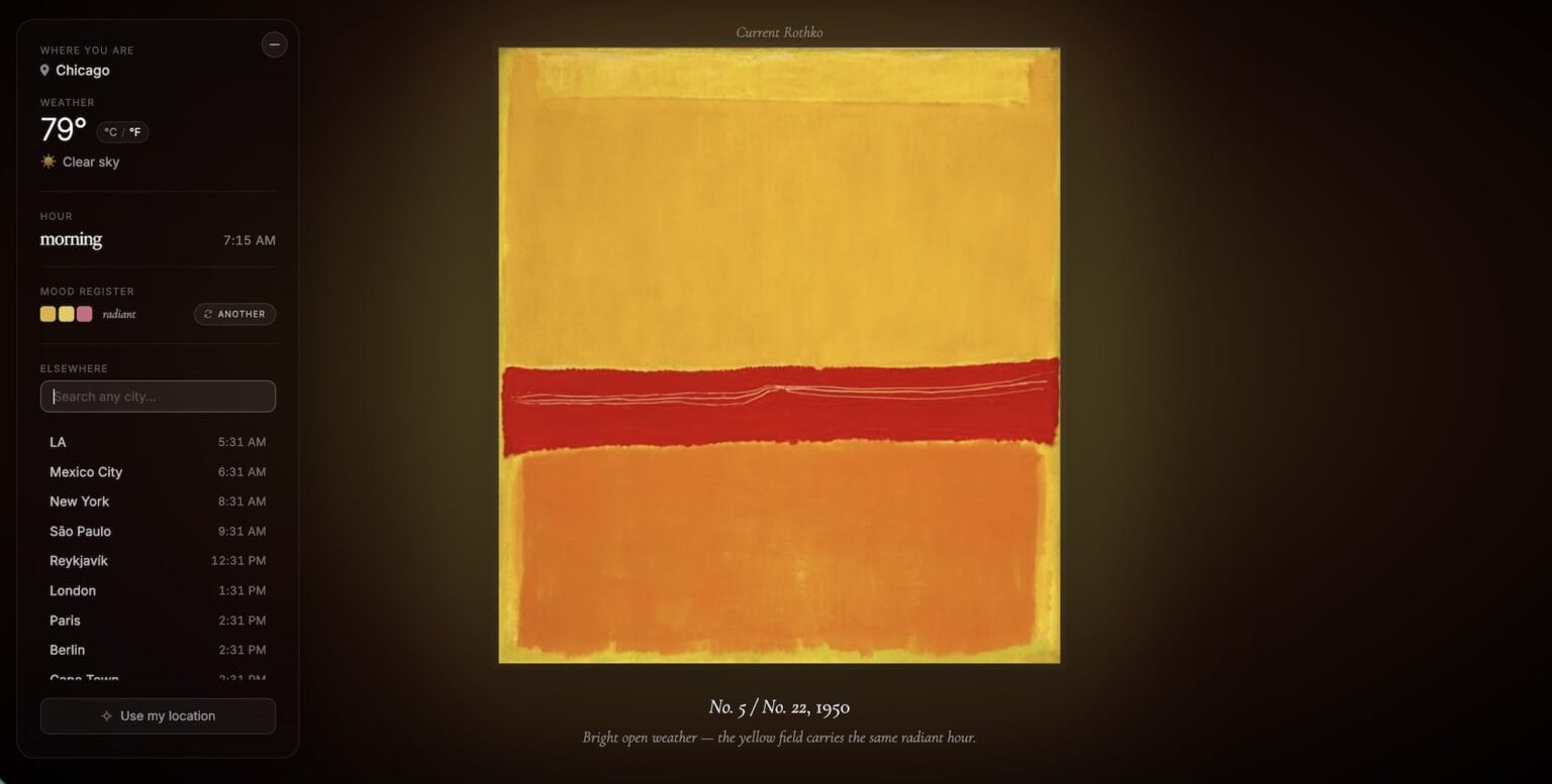 Current Rothko by Joonas Virtanen showing No. 5 / No. 22 for a clear morning in Chicago