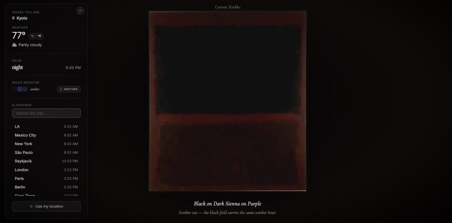 Current Rothko showing Black on Dark Sienna on Purple for a cloudy night in Kyoto