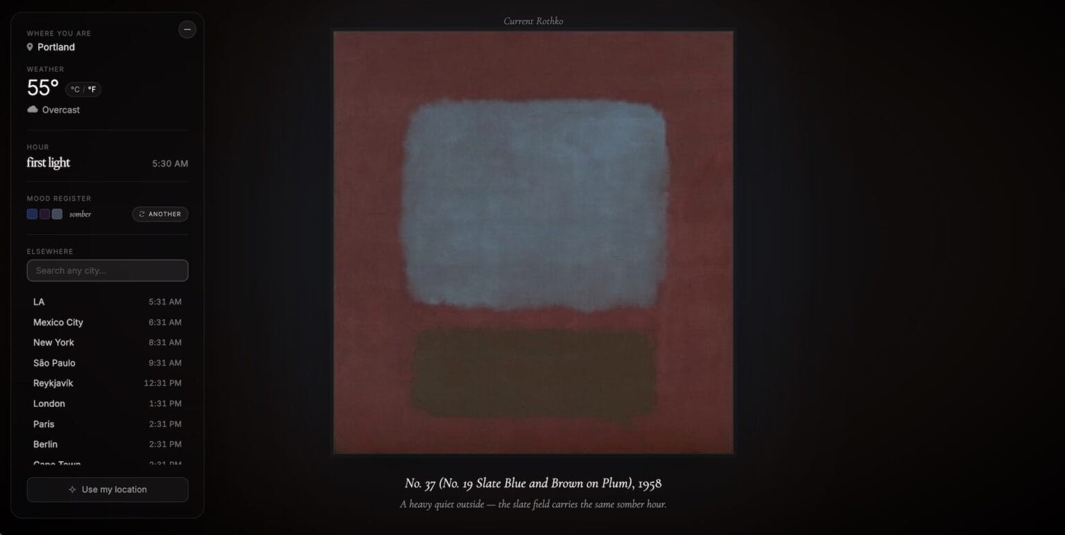 Current Rothko showing No. 37 Slate Blue and Brown on Plum at first light in Portland