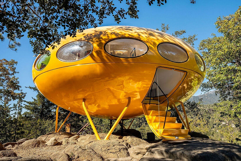 Close view of the Futuro house with the hatch door open as a staircase