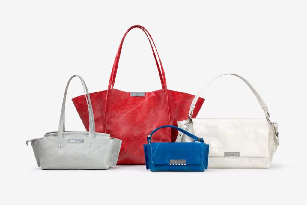 The four bags of the Freitag Reference collection in red, blue, white and silver