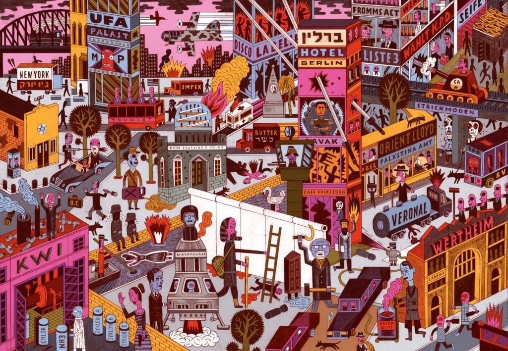 Dense, colourful illustration of Berlin by Henning Wagenbreth