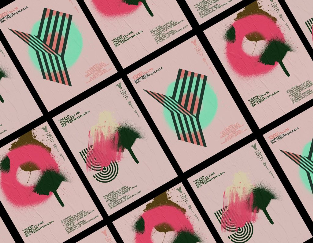 Pink posters with green and red graphic shapes by Quim Marín
