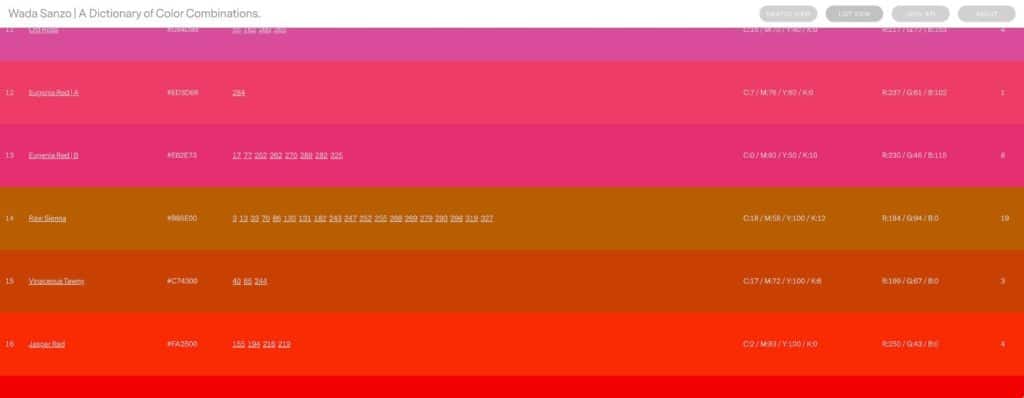 List view of the interactive Dictionary of Color Combinations with hex, CMYK and RGB values