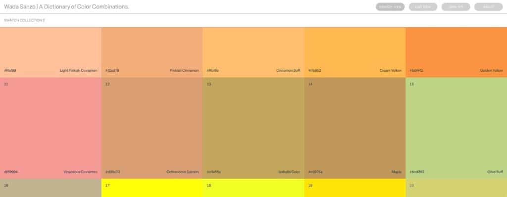 Swatch view of the interactive Dictionary of Color Combinations, with named colours and hex values