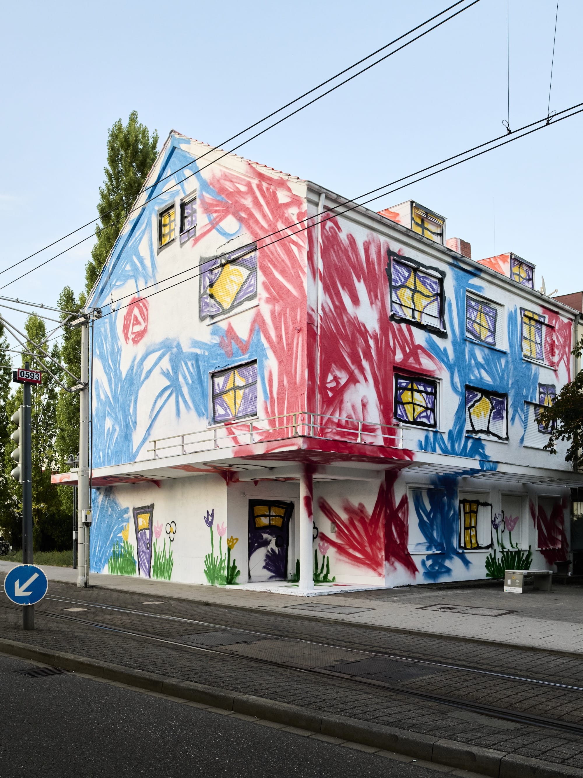 An empty house in Stuttgart painted by The Wa to look like a child's crayon drawing, PFFFestival 2026