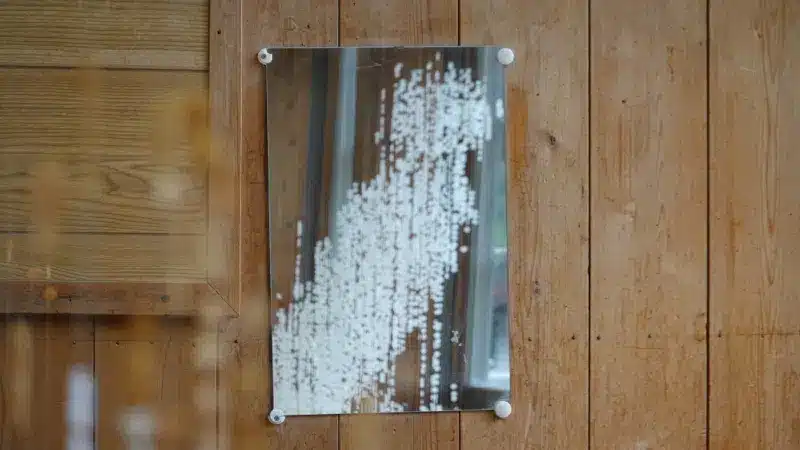 A bead figure reflected in an old mirror on the classroom wall